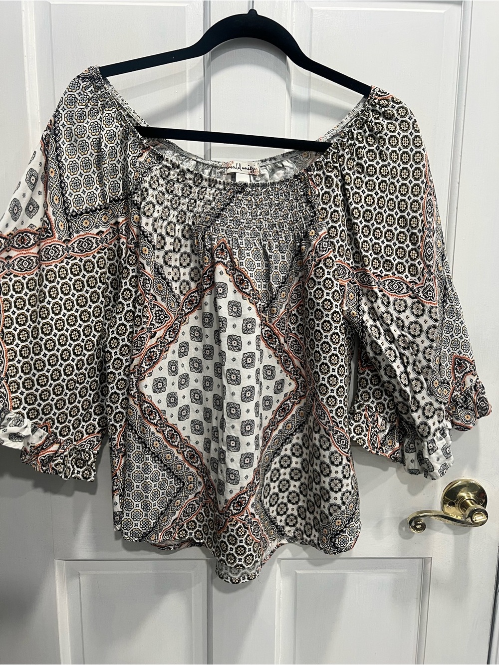 WORLD UNITY Geometric 3/4 Ruffle Sleeve Round Neck Blouse SIZE LARGE Pre Loved